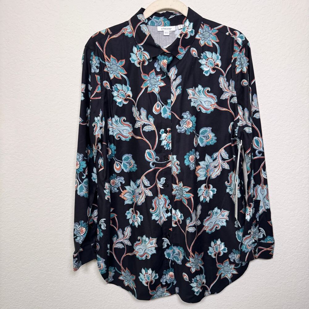 Chico's Women No Iron Stretch Floral Story Tunic Button Shirt Sz 14 Peacock Teal